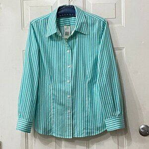 NWT Jones New York Womens Sz L Blouse Shirt Long Sleeve Turquoise/White Striped